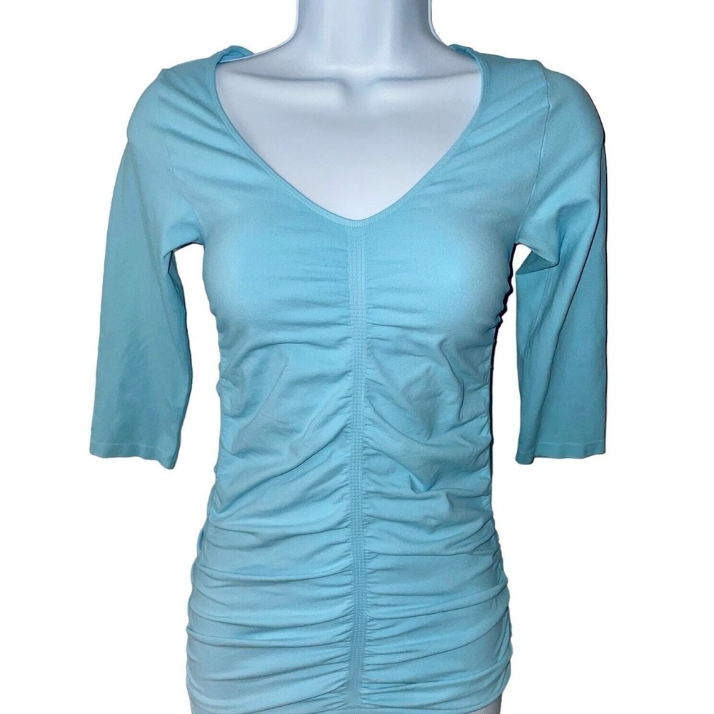 BCBG Sky Blue Ruched V Neck Top Size S 3/4 Sleeve Stretch Soft Fitted NWOT